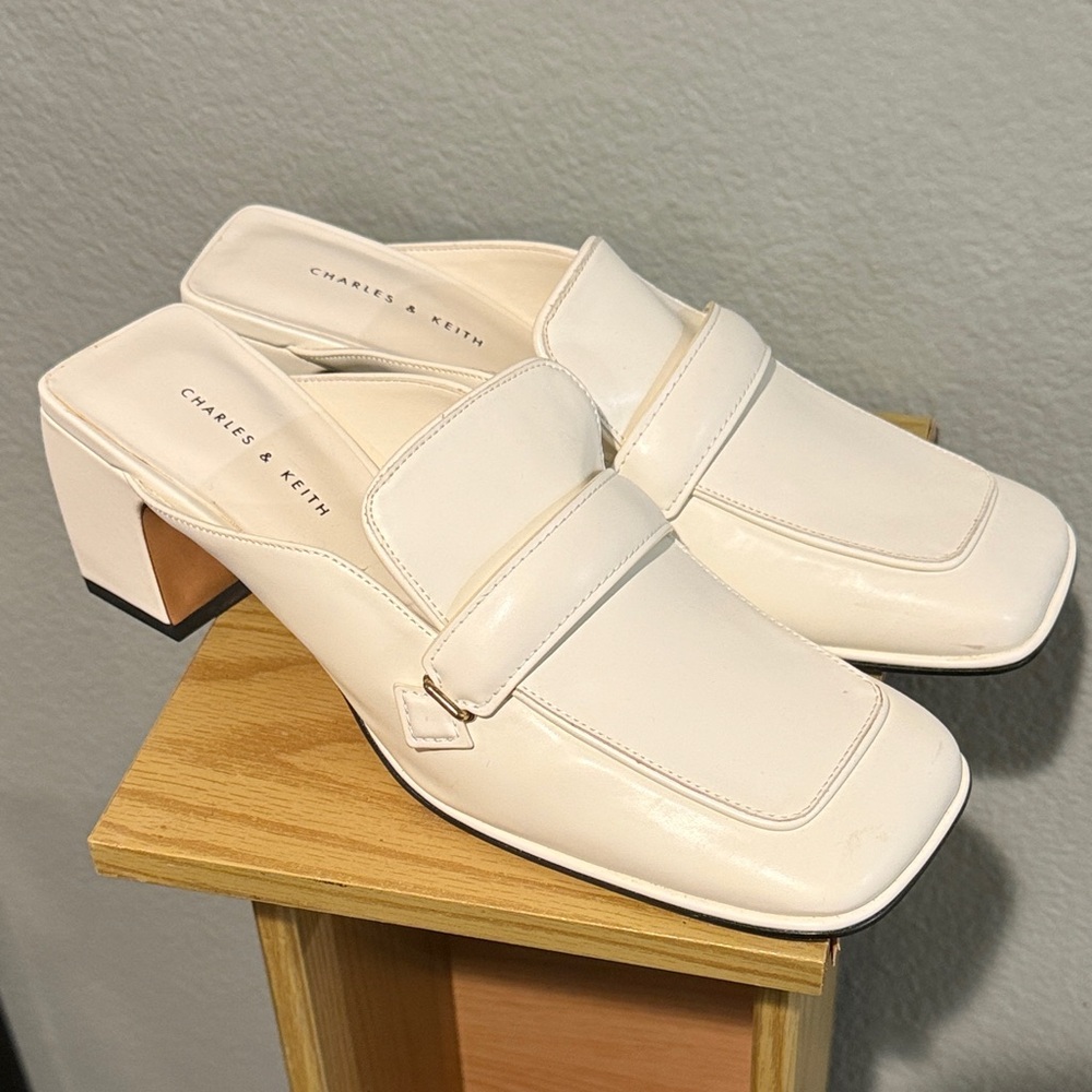Charles & Keith Off-White Square Toe Mules